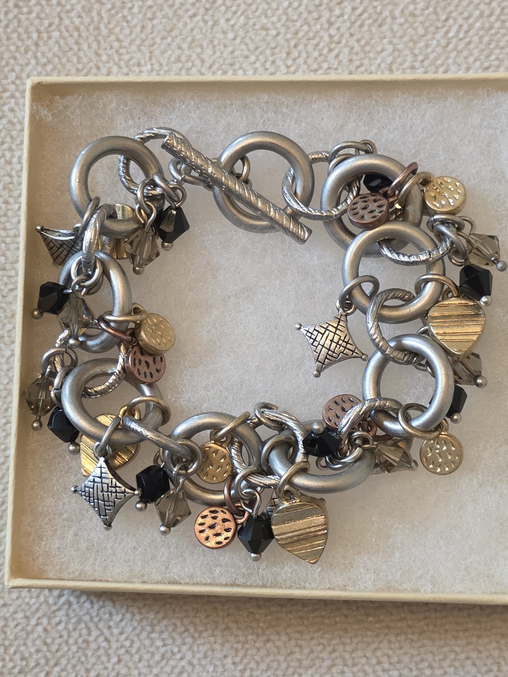 Mixed Metal Chunky Charm Bracelet Black Crystal Beads Toggle 7.5"